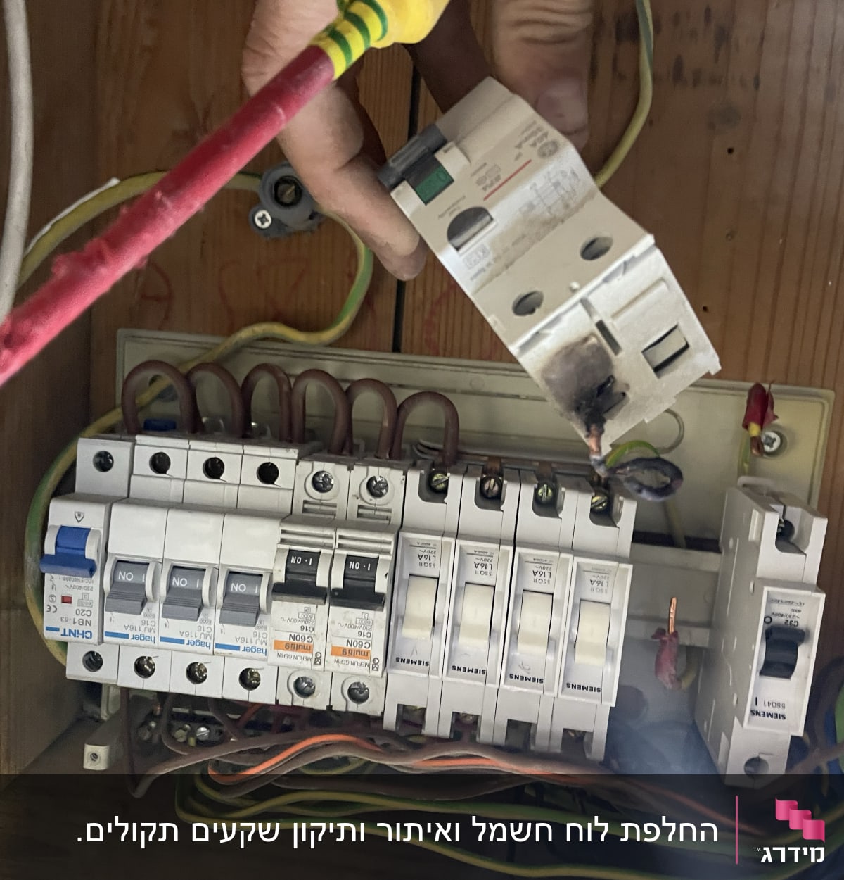 לוח חשמל עם מפסקים וחוטים, יד מחזיקה מפסק שרוף